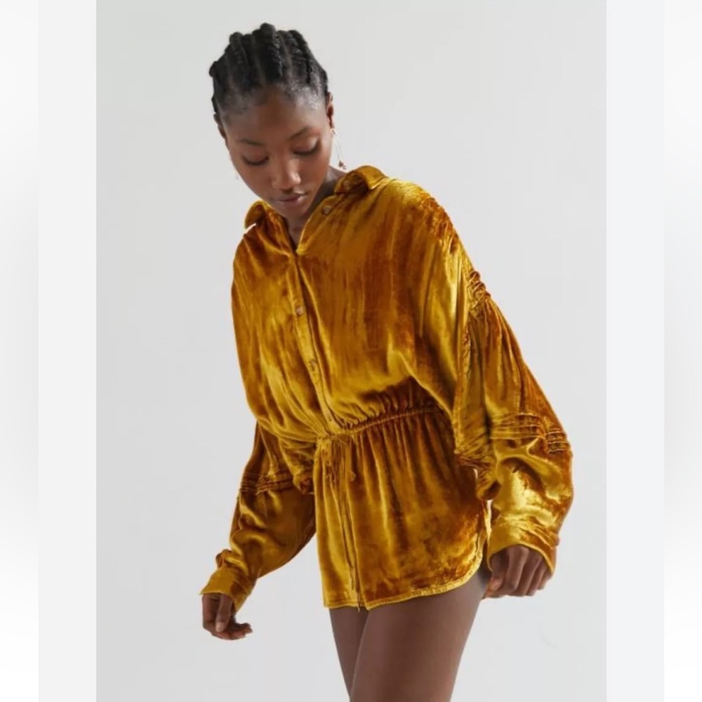NWT Small Urban Outfitters Yellow Velvet Romper Long Sleeve Boho One Piece